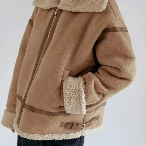 khaki zip up teddy lined coat casual streetwear fall winter - Picture 3 of 8